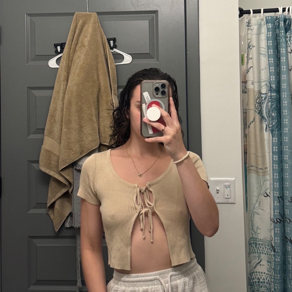 Princess Polly Beige Ribbed Tie Front Crop Top Short Sleeve Tan XS/S